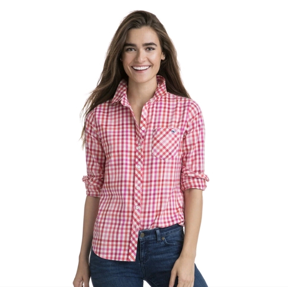 Vineyard Vines Pink Red and White Plaid Shirt Cashmere Blend Size 4